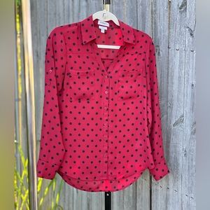 EXPRESS Women’s V Neck Blouse Red with Black Polka Dots